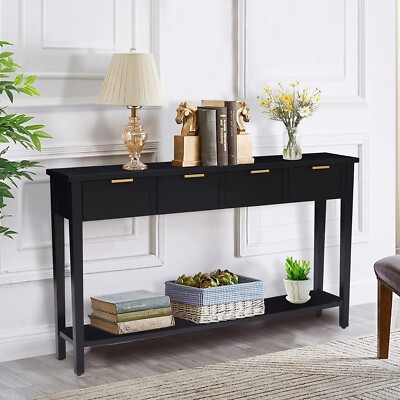 60''Long Console Tabl with 4 Drawers - Modern Black Entryway Tabl w/Bottom Shelf