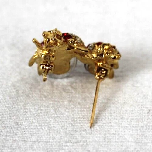 Broche Charles Klein vermelho rubi duplo joaninha strass lantejoulas ouro metal - Imagem 4 de 4