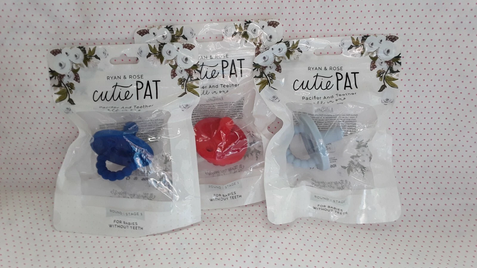 RYAN & ROSE CUTIE PAT STAGE 1 RED 2 BLUE PACIFIERS (SET OF THREE) NEW