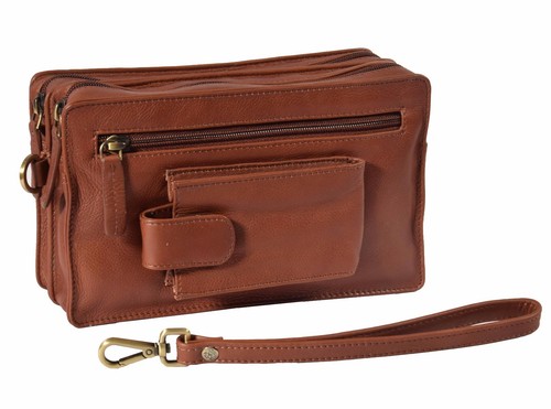 Mens Wrist Leather Bag Multi Zip Clutch Grab Mobile Money Travel Purse Brown - Picture 7 of 7