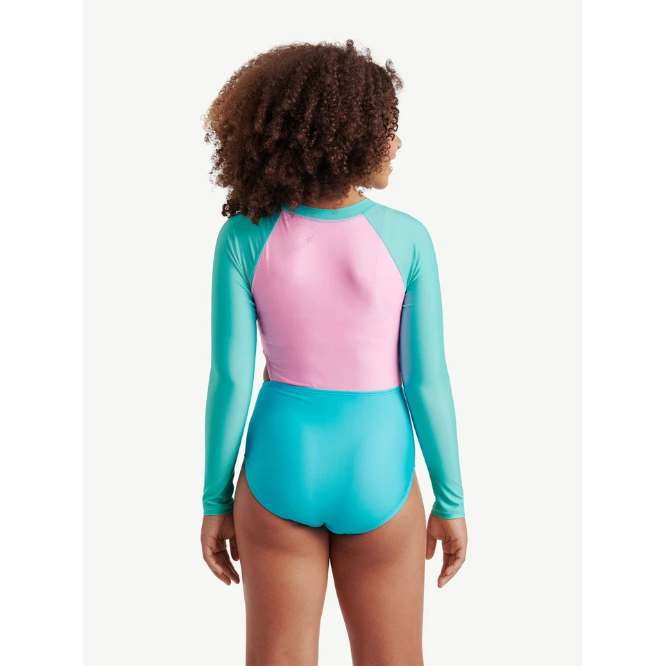 Traje de baño JUSTICIA niña protección contra erupciones una pieza natación manga larga 12 14 16 18 rosa nuevo Foto 2 de 4