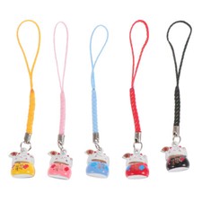 5 Pcs Maneki Neko Charm Cute Phone Strap Bell Keychain Copper Cat Pendant