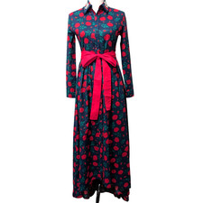 Trish Scully Womens NWT Size 0 Navy Blue Red Roses Constance Tie Belt Maxi Dress