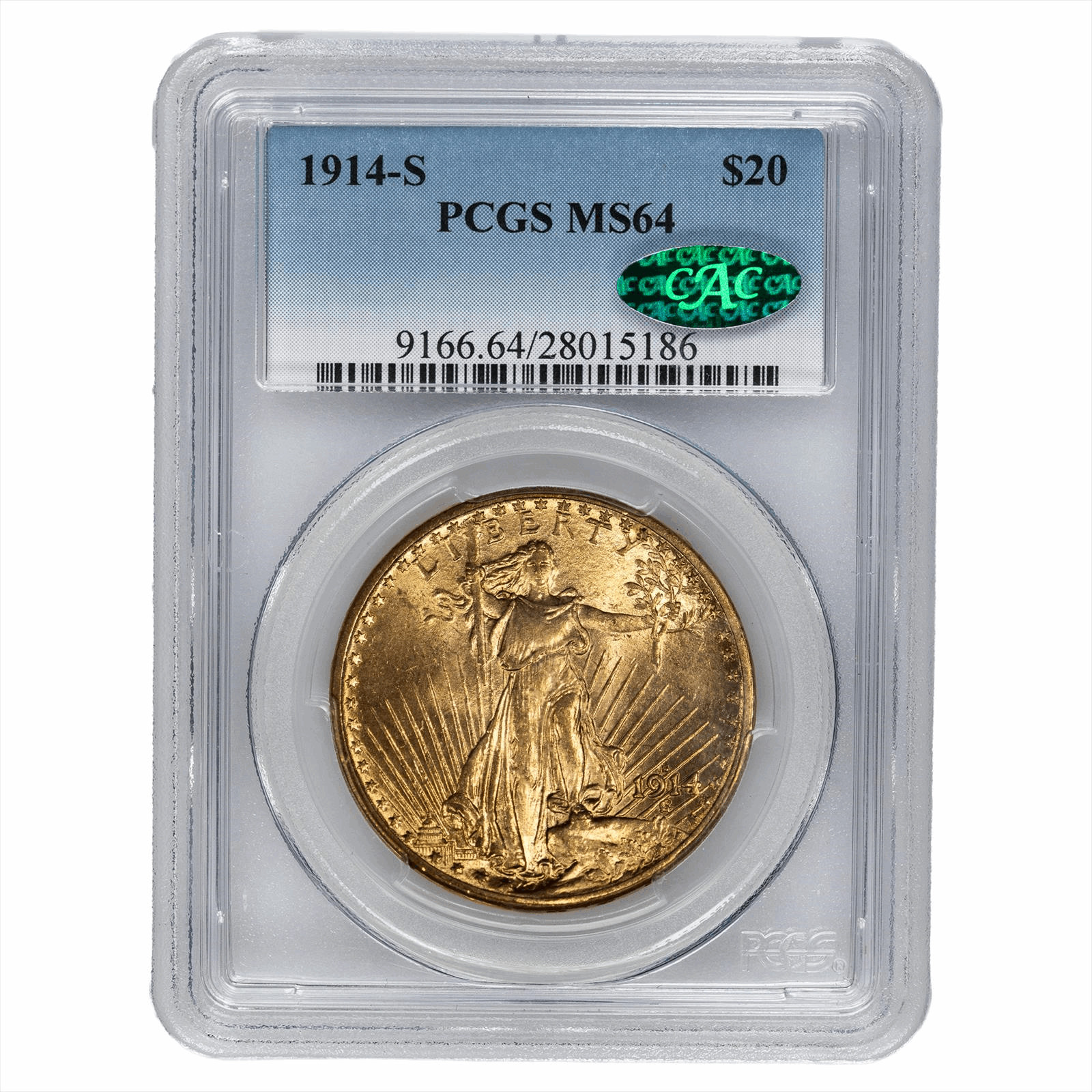 1914S St. Gaudens Gold Double Eagle $20 PCGS MS 64 CAC