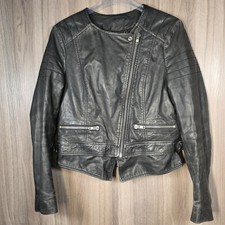 Muubaa Womens Black Lamb Leather Biker Jacket Collarless Moto Quilted Size UK 12