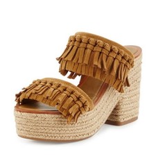 Tory Burch Fria Knotted-Fringe Espadrille Slide Suede Platform Sandals Size 7