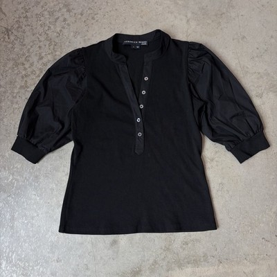 Veronica Beard Coralee Puff Sleeve Top Black Pima Cotton Knit Henley Size Small