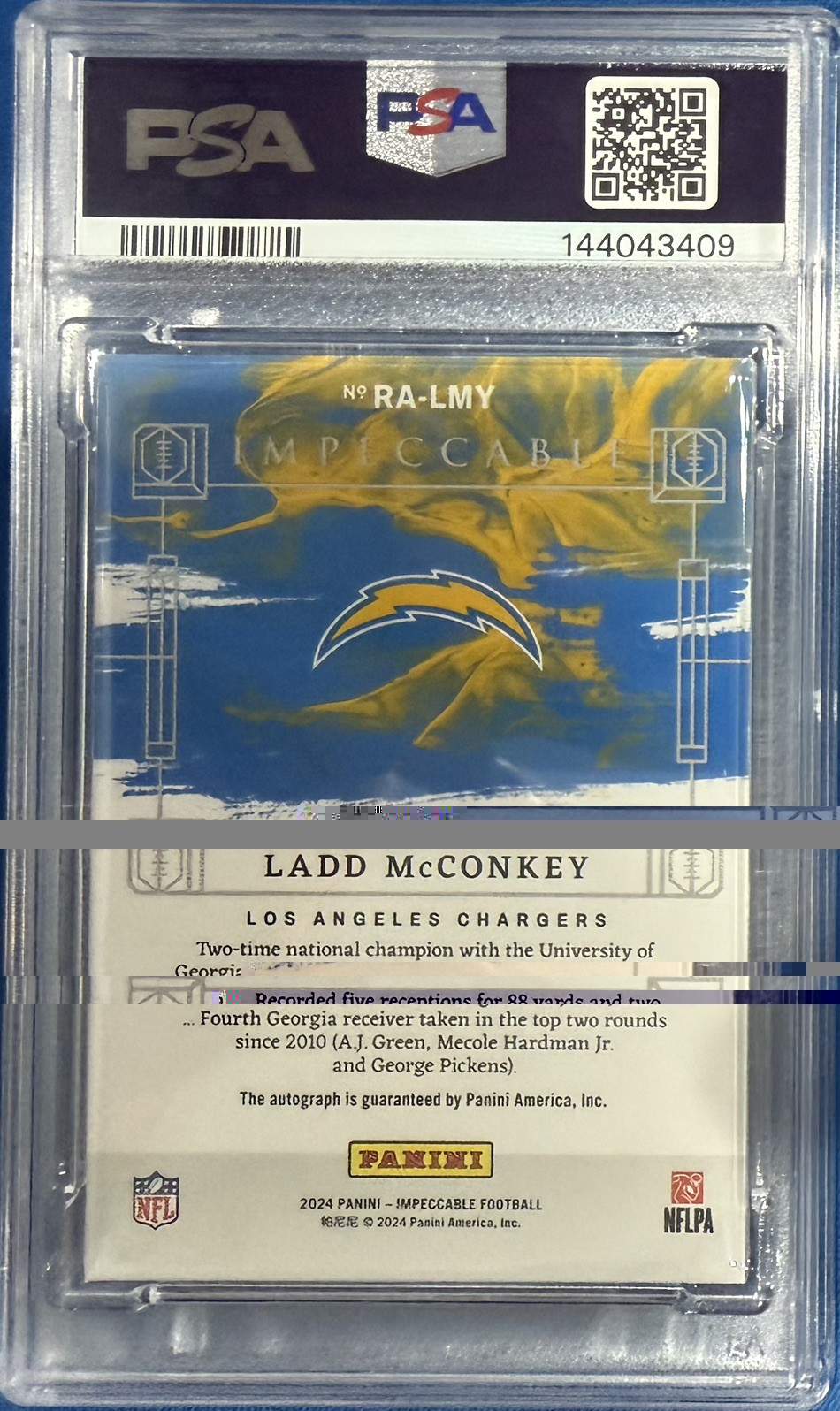 Panini 2024 Impeccable Ladd McConkey Rookie Autographs Auto RA-LMY /49 PSA 9 MT view 2