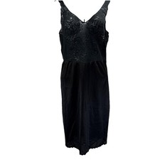 Vtg Warners Nylon Slip Dress M Black Lace Stretch Slit Whimsigoth Fairy Sheer