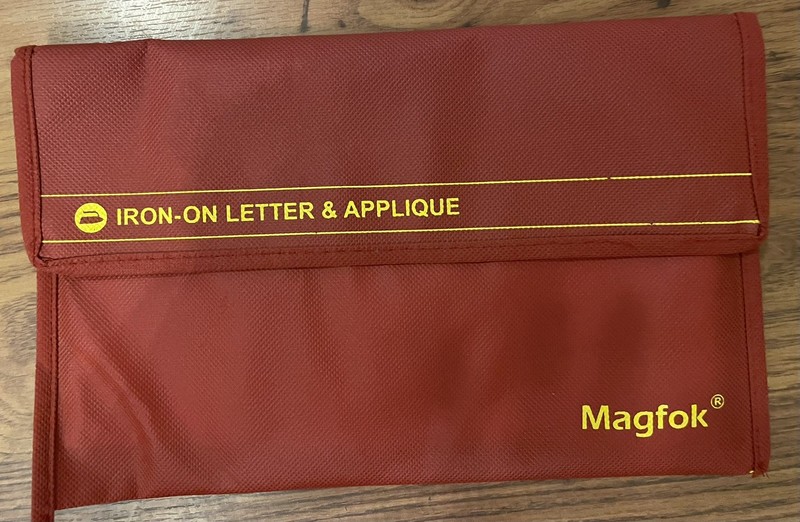 Vintage MAGFOK Iron On Appliqué 2 inch White Letters. Red & Yellow Fabric Pouch