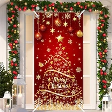 Christmas Door Cover 35.4 x 70.9 Inch Golden Xmas Tree Door Banner Snowflake 