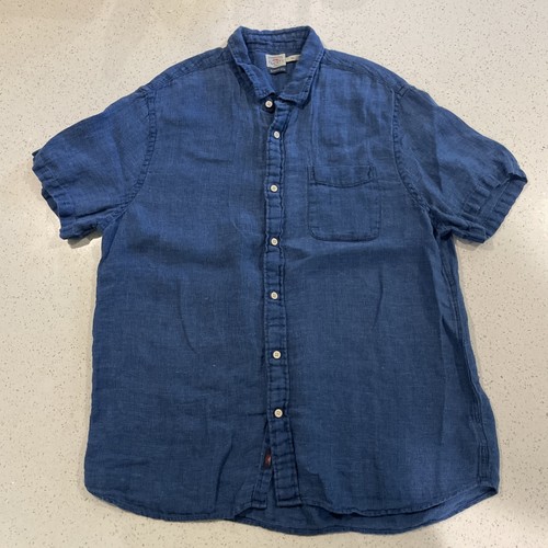 Faherty Hemd Herren XL Blau Knopfleiste Indigo Gefärbt Kurzarm Leinen