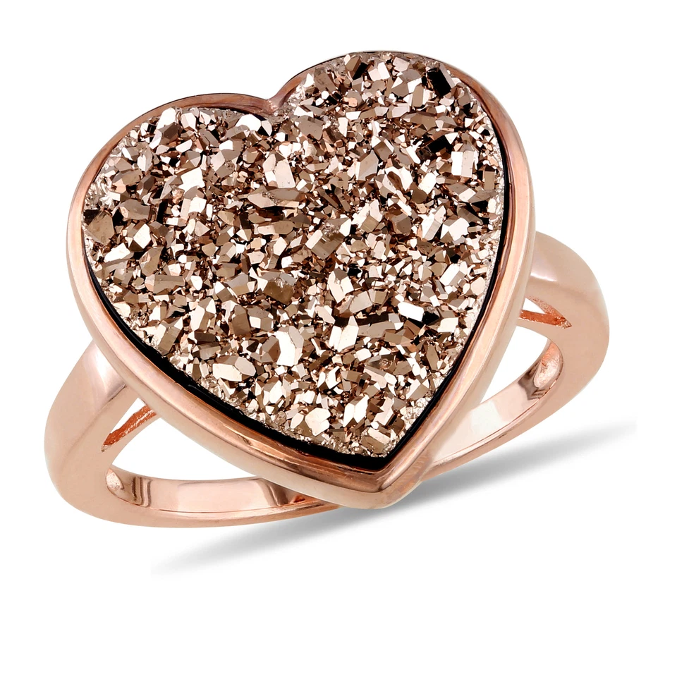 Anillo de cóctel de piedras preciosas drusas color rosa forma corazón plata rosa amor 15x15 mm