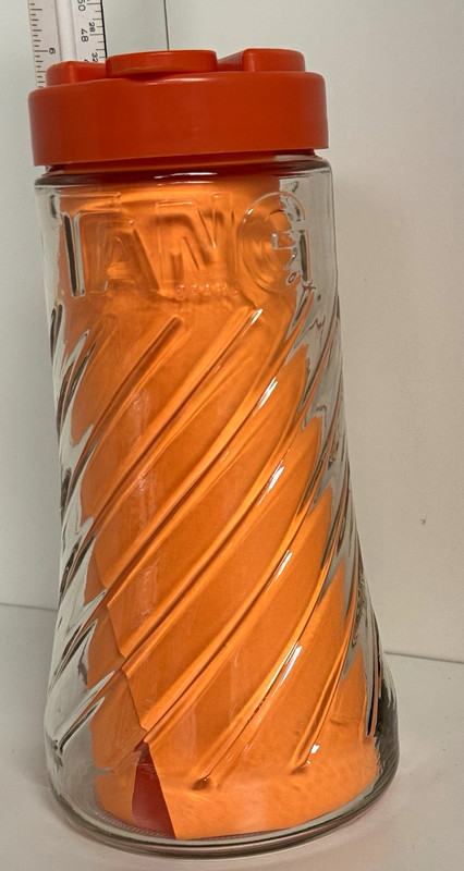 Tang! Clear Glass Pitcher 1L Orange Lid & Handle Swirl Pattern Vintage