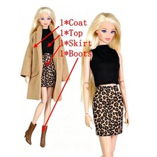 Fashion Khaki 1/6 Doll Clothes Outfits Set Coat Top Leopard Skirt Boots 11.5"