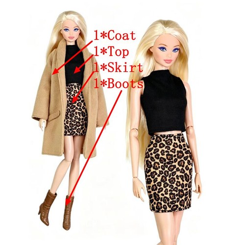 Fashion Khaki 1/6 Doll Clothes Outfits Set Coat Top Leopard Skirt Boots 11.5"