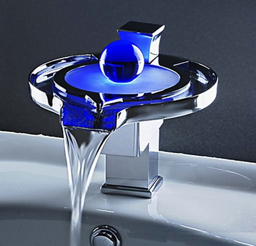 Grifo mezclador de lavabo con caño de vidrio cromado LED 3 colores - Imagen 1 de 11