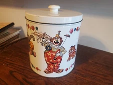 Mid Century Tin Can with Lid J.L. Clark Vintage Metal Circus Clown Design