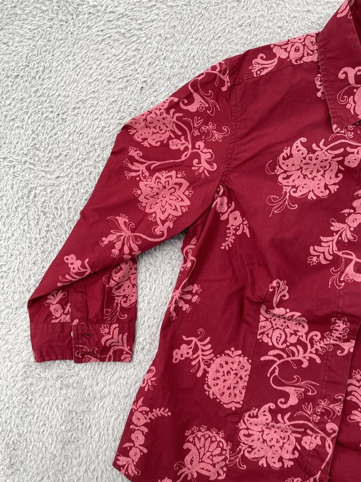 Columbia Abotonable Para Mujer Pequeño Rojo Floral Manga 3/4 Flores Informal Damas Foto 3 de 4