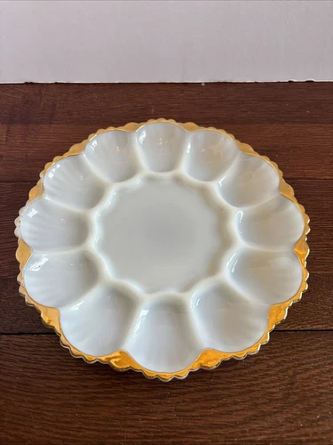 Vintage Anchor Hocking White Milk Glass Deviled Egg Plate Gold Trim 10" Scuffed