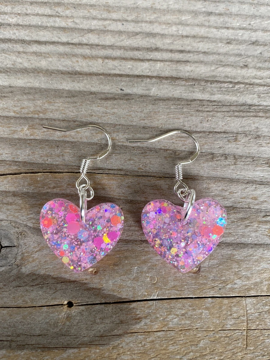 Handmade Resin Small Heart Earrings Pink Mix Shimmer eBay