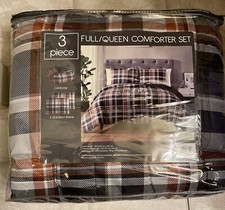 Full Queen Comforter w 2 Reversible Shams Blue Red Plaid 3 Piece Set