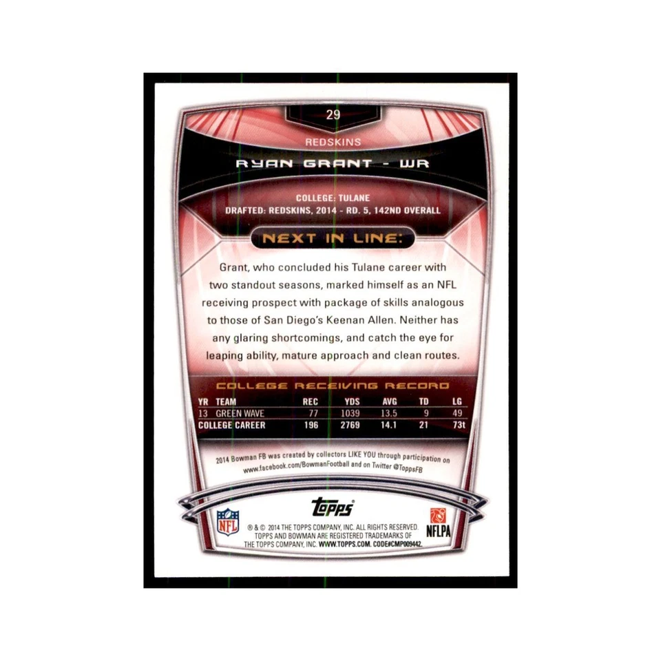 2014 Bowman Ryan Grant RC Football Cards #29 - Image 2 of 3