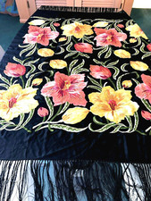 Vintage Silk Embroidered Piano Scarf Table Cover Shawl Hand Knotted Silk Fringe