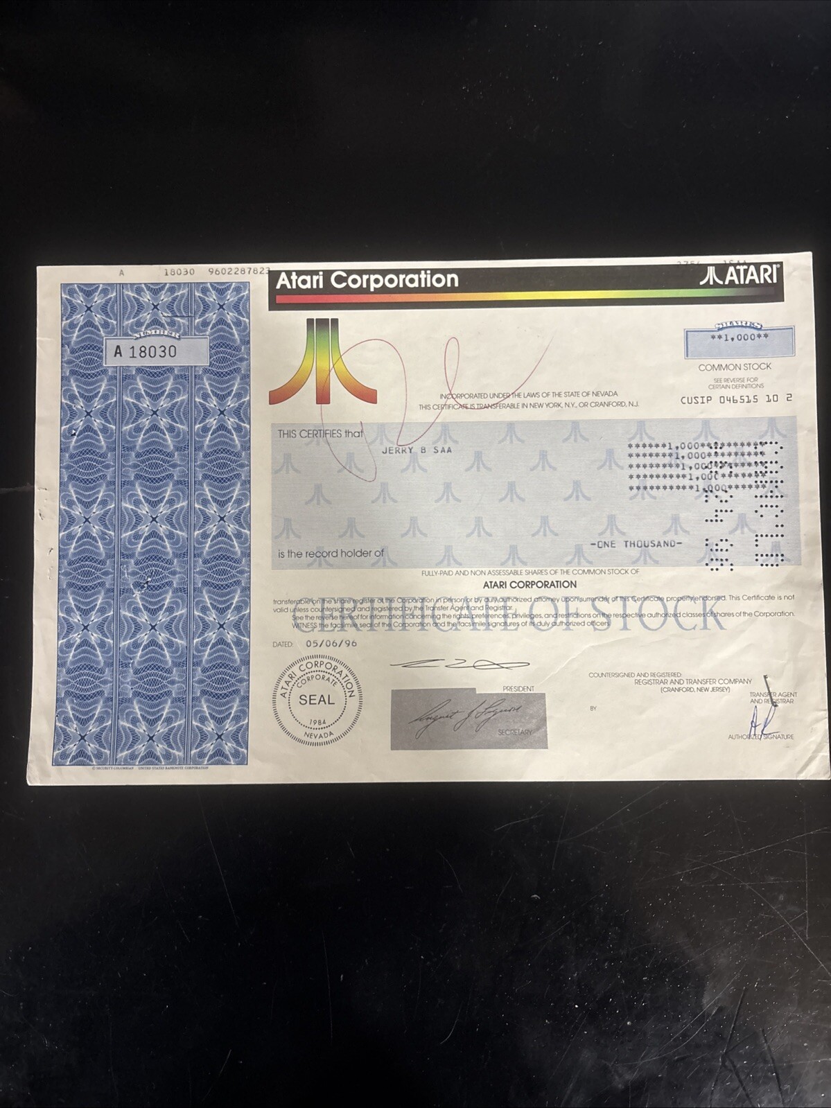 Atari Corporation Certificate Of Stock 1000 Shares 1996