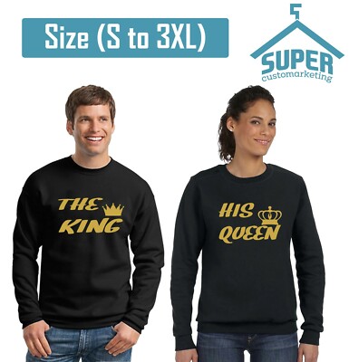 Handmade THE King His Queen Couple CREWNECK Sweatshirt GOLD Design Cartoon- Fun