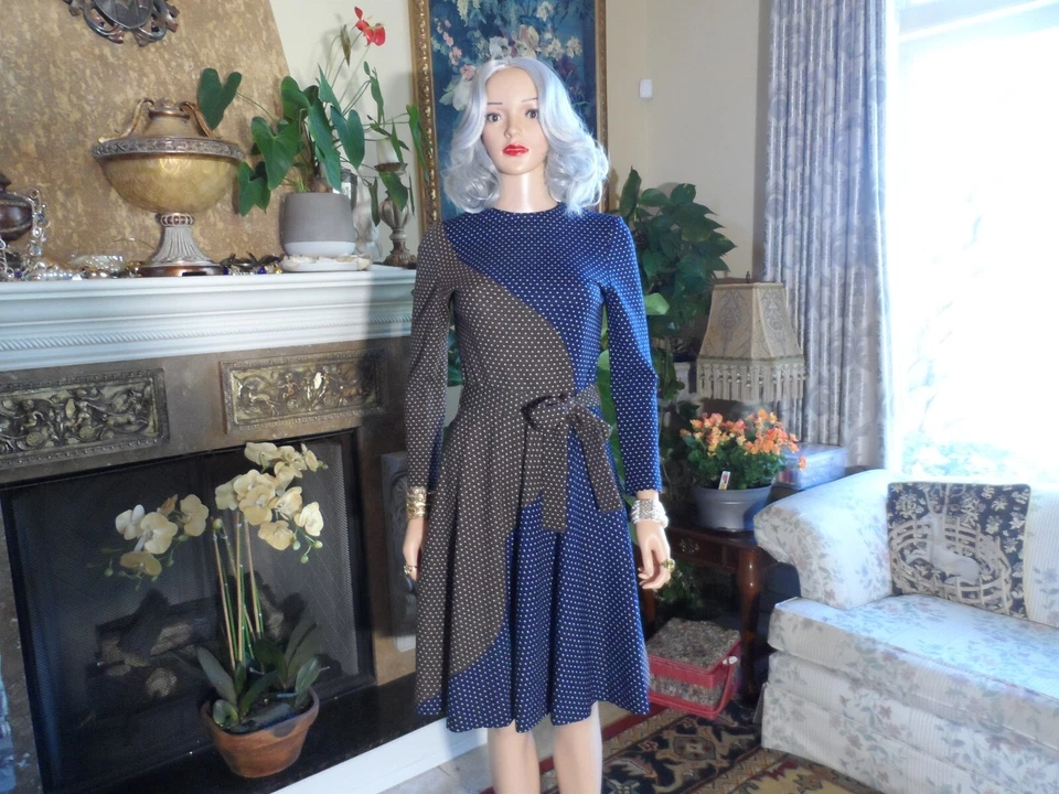 Lanvin Brown/Blue Polka Dot Fit & Flare Belted Knit Dress w/Scarf Detail Size 10 - Image 4 of 4