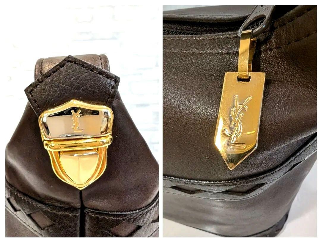 Borsa a mano YVES SAINT LAURENT YSL logo raccordi metallo pelle marrone vintage usata
