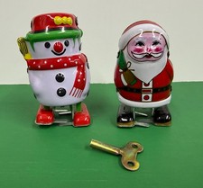 Vintage Snowman Santa Walking Robots Key-Wound 3" Tinplate Bots MS 253-MS 241