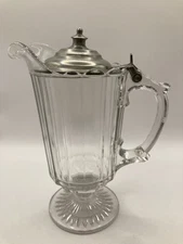 1977 VTG Clear Ribbed Glass Maple Syrup Decanter Dispenser Pitcher Pewter Lid 8"