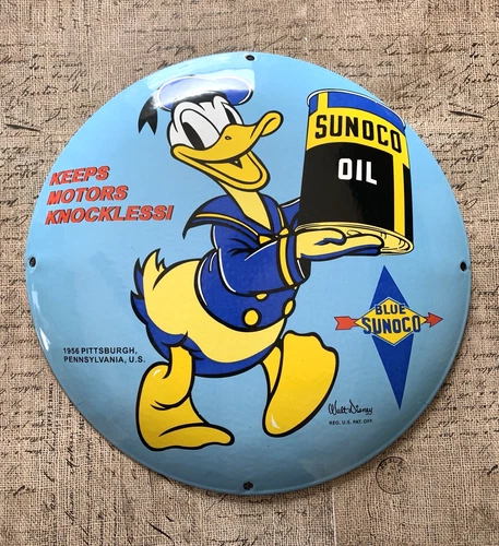 VINTAGE 12" SUNOCO OIL DONALD DUCK DISNEY MOTOR PORCELAIN GAS STATION PUMP SIGN