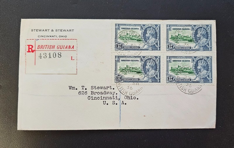 British Guiana Cover 1935 KGV Silver Jubilee REG POSTMARK NEW YORK CINCINNATI #1