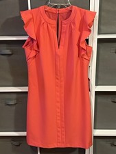 Vince Camuto Women Shift Dress Lined Notch-neck Ruffle Cap Sleeve Coral 8 NWT
