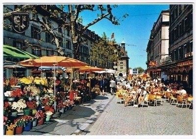 Switzerland Postcard Geneva La Place du Molard People Sidewalk Cafe