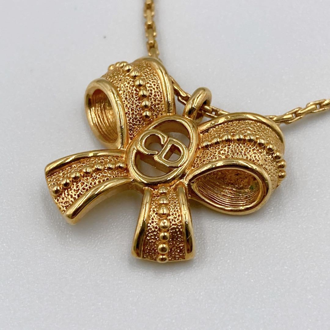 Vintage Christian Dior Gold Ribbon Pendant Necklace Authentic Japan