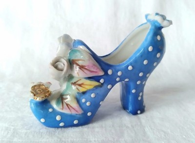 Vintage Bright Blue Polka Dot High Heel Shoe Hand Painted Leaf Flower Gold Japan