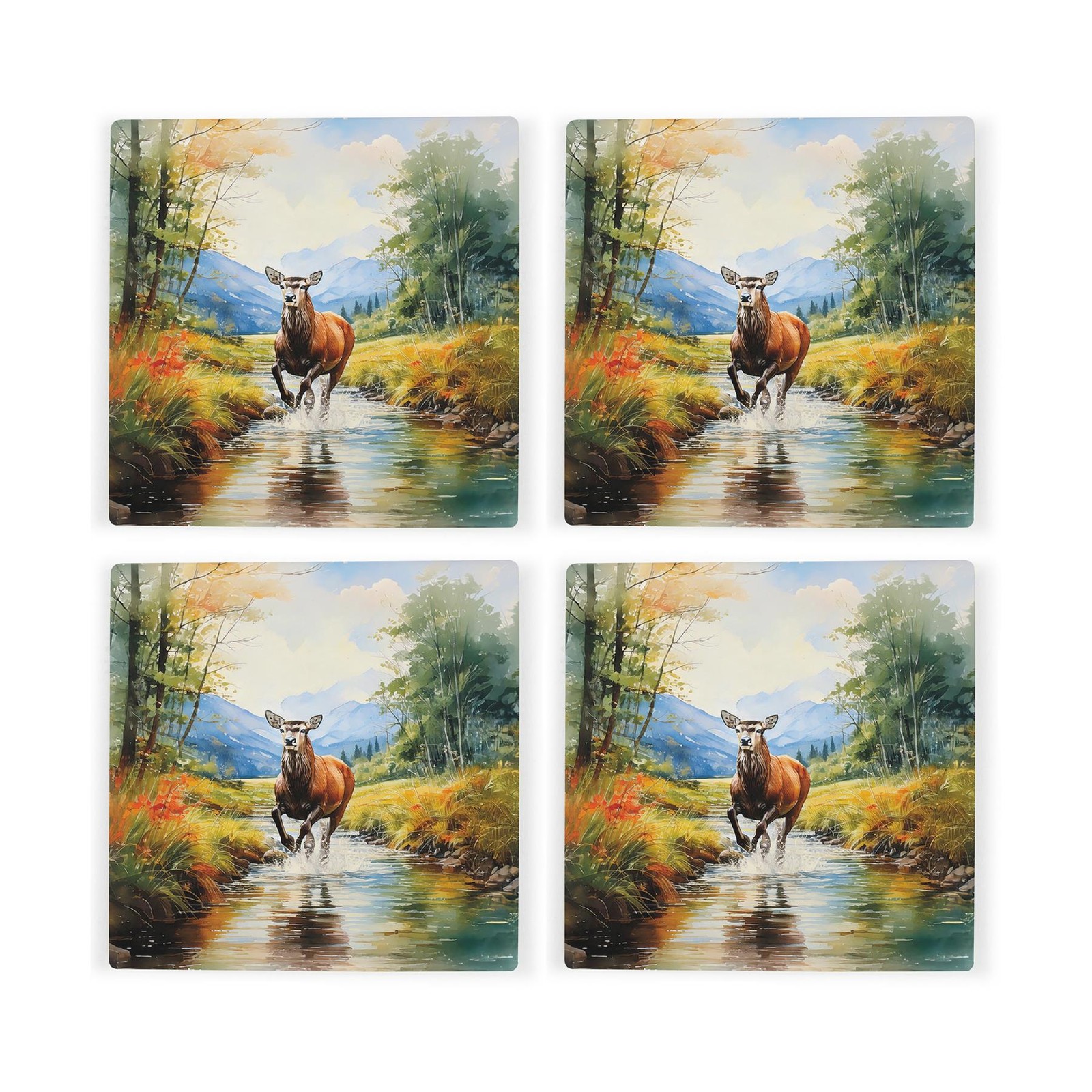 Majestic Deer Square Coaster Set - 4x Ceramic Drinks Coasters Animal Lover Gift