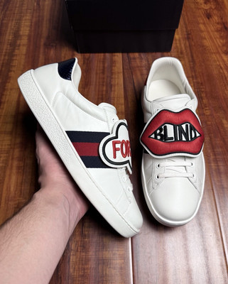 Gucci Ace Web Blind Love Patch Lips White Mens Leather Sneakers - Size 8.5G 9US