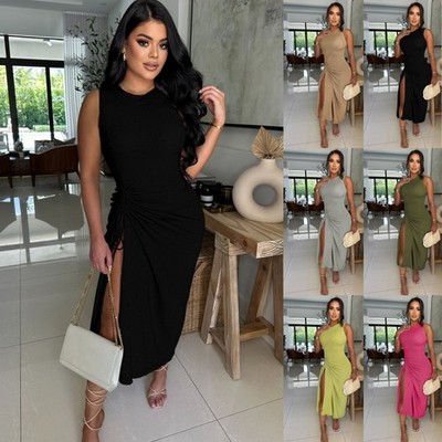 Women Summer Sleeveless Round Neck Ruched Bodycon Maxi Dress-Sexy ClubParty  Slit | eBay