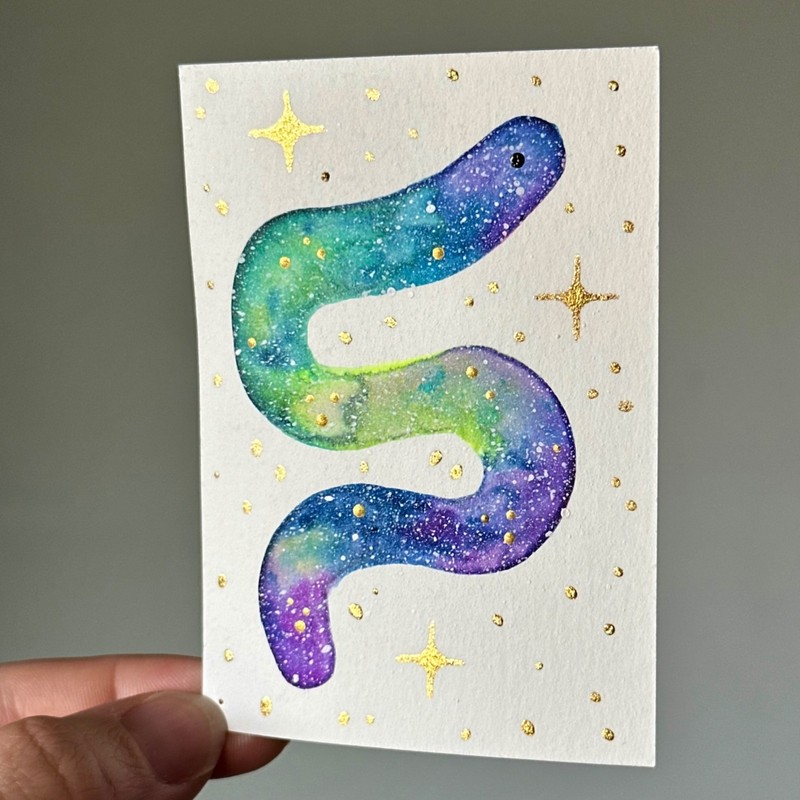 ACEO Original Watercolor Painting 3.5 X 2.5 Sour Galaxy Gummy Worm Anomelina