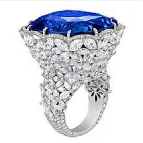 50ct Kashmir Sapphire Art Deco Ring For Her 925 Silver Handmade Auction Jewelry