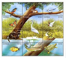 ZAMBIA 1999 BIRDS / ANIMALS / BUTTERFLIES / FROGS M/S #828 neufFREE SHIPPING