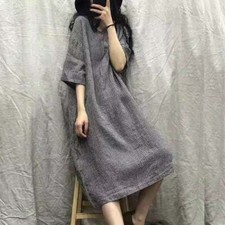Women retro Cotton Linen Plaid Short Sleeve Plus Size Dress V-Neck Long Skirt Su