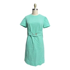 Vtg Mod 1960's Green White Checkered Mid Century Shift Dress Attached Belt M