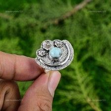 Gift For Her 925 Silver Natural Larimar Stackable Flower Adjustable Ring