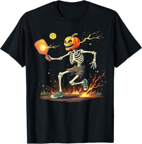 Pumpkin Head Skeleton Pickleball Halloween Spooky Sports T-Shirt